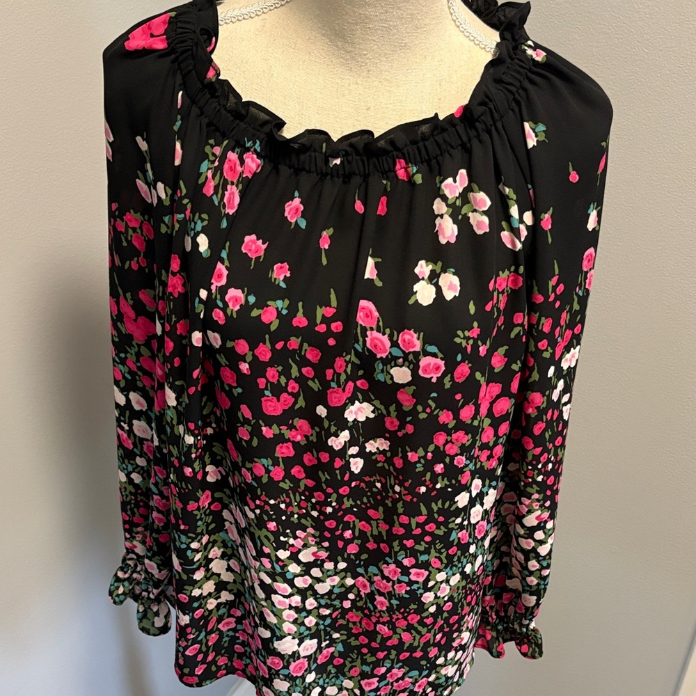 Talbots Black Floral Long-Sleeve Peasant Top with Pink Accents